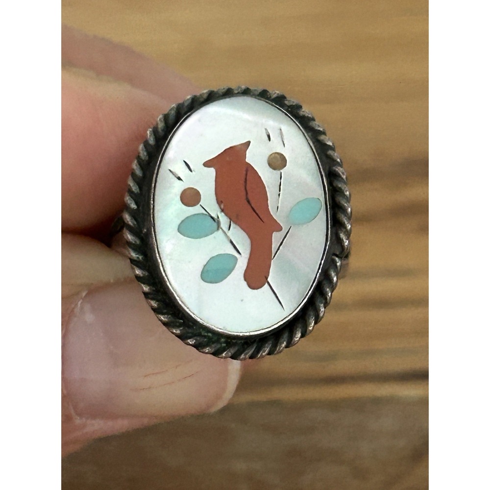 Native Sterling Silver Inlay Zuni Cardinal Ring Size 6.5